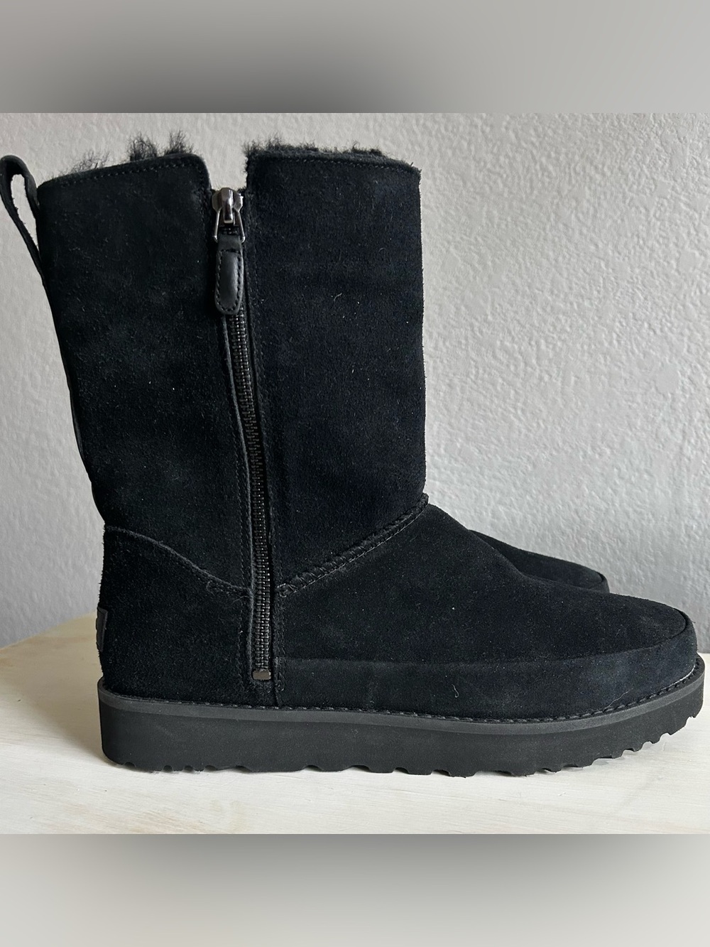 UGG Classic black suede boots, outside zipper, shearling. Women’s size 10.